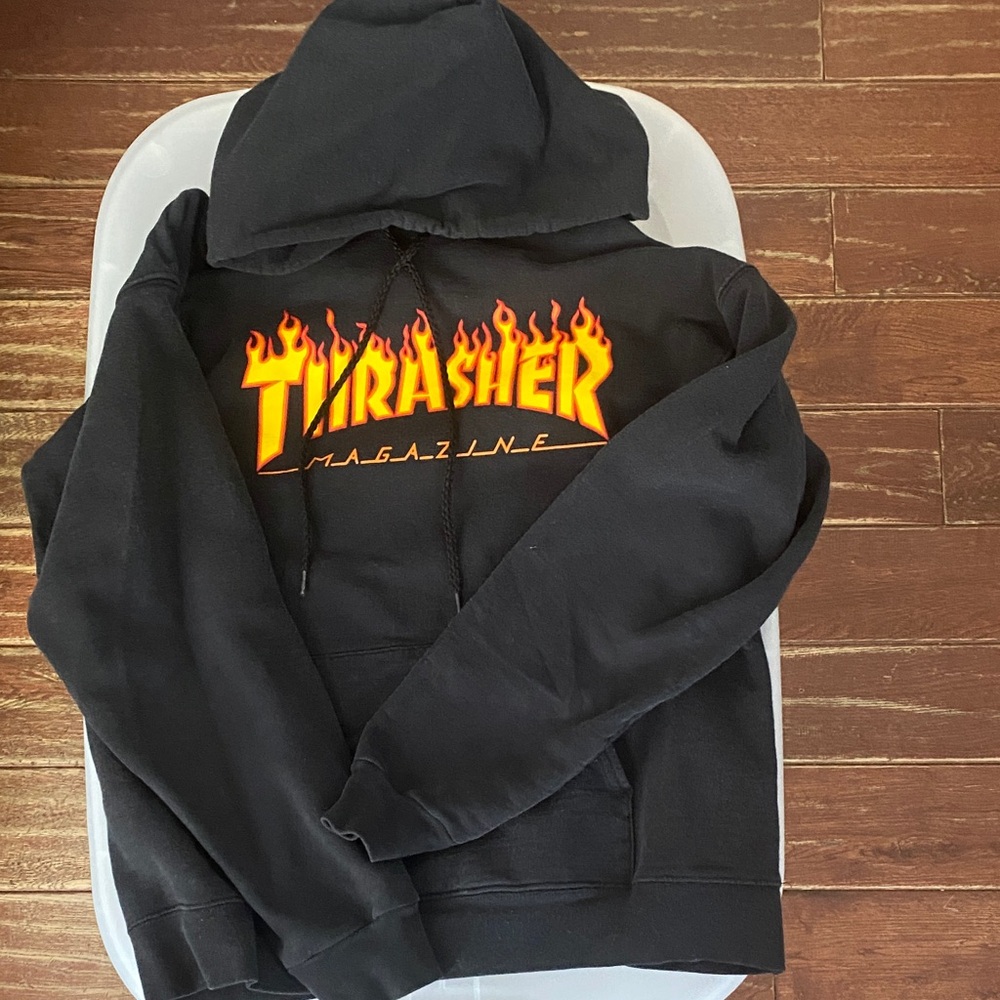 Thrasher Black Hoodie with Fiery Logo